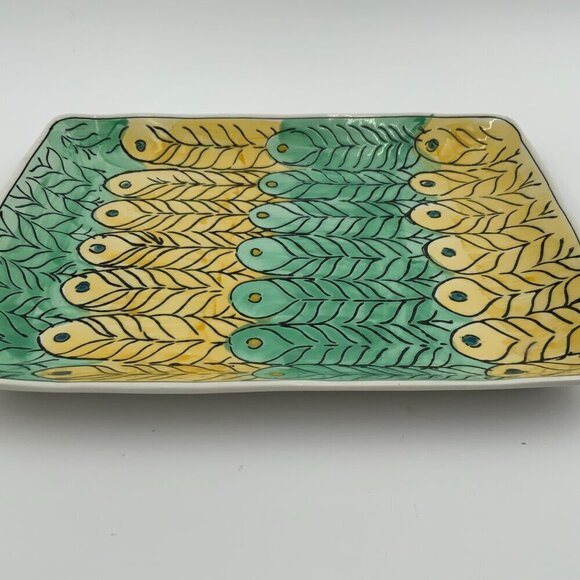 Rectangular Ceramic Trinket Dish with Yellow and Green Feathers - Picture 4 of 6